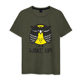 Мужская футболка хлопок с принтом Owl. Wake up! в Санкт-Петербурге, 100% хлопок | прямой крой, круглый вырез горловины, длина до линии бедер, слегка спущенное плечо. | Тематика изображения на принте: bird | owl | няша | птица | сова | совунья | совушка | сыч