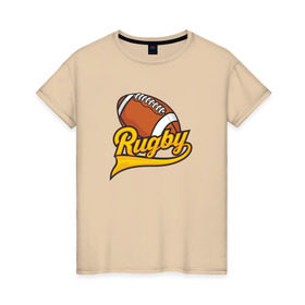 Женская футболка хлопок с принтом RUGBY в Санкт-Петербурге, 100% хлопок | прямой крой, круглый вырез горловины, длина до линии бедер, слегка спущенное плечо | 