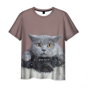 Мужская футболка 3D с принтом Котик фотограф в Санкт-Петербурге, 100% полиэфир | прямой крой, круглый вырез горловины, длина до линии бедер | кот | котик | кошка | объектив | фотоаппарат | фотограф
