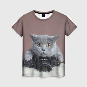 Женская футболка 3D с принтом Котик фотограф в Санкт-Петербурге, 100% полиэфир ( синтетическое хлопкоподобное полотно) | прямой крой, круглый вырез горловины, длина до линии бедер | кот | котик | кошка | объектив | фотоаппарат | фотограф