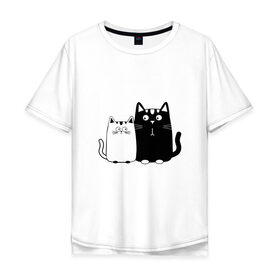 Мужская футболка хлопок Oversize с принтом Влюбленные коты в Санкт-Петербурге, 100% хлопок | свободный крой, круглый ворот, “спинка” длиннее передней части | Тематика изображения на принте: 14 февраля | влюбленным | девушке | кот | коты | котята. | кошка | любовь | мужчине | парню | подарок