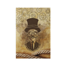 Обложка для паспорта матовая кожа с принтом Стимпанк человек в Санкт-Петербурге, натуральная матовая кожа | размер 19,3 х 13,7 см; прозрачные пластиковые крепления | Тематика изображения на принте: steampunk | steampunk man | в цилиндре | в шляпе | канат | механизм | стимпанк | усы | человек