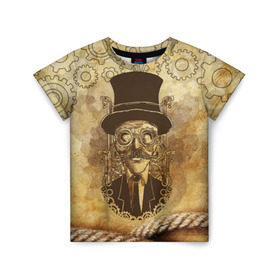 Детская футболка 3D с принтом Стимпанк человек в Санкт-Петербурге, 100% гипоаллергенный полиэфир | прямой крой, круглый вырез горловины, длина до линии бедер, чуть спущенное плечо, ткань немного тянется | steampunk | steampunk man | в цилиндре | в шляпе | канат | механизм | стимпанк | усы | человек