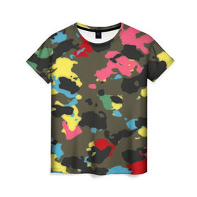 Женская футболка 3D с принтом Цветной камуфляж в Санкт-Петербурге, 100% полиэфир ( синтетическое хлопкоподобное полотно) | прямой крой, круглый вырез горловины, длина до линии бедер | маскировка | пестрый | разноцветный | яркий