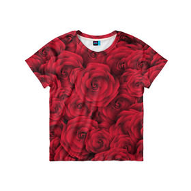 Детская футболка 3D с принтом Красные розы в Санкт-Петербурге, 100% гипоаллергенный полиэфир | прямой крой, круглый вырез горловины, длина до линии бедер, чуть спущенное плечо, ткань немного тянется | Тематика изображения на принте: любовь | мозаика | розы | сердце | узор