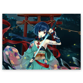 Поздравительная открытка с принтом Девушка с оружием в Санкт-Петербурге, 100% бумага | плотность бумаги 280 г/м2, матовая, на обратной стороне линовка и место для марки
 | anime | beautiful | fantasy | girl | japanese | katana | kimono | look | pagoda | sword | warrior | weapon | аниме | взгляд | воин | девушка | катана | кимоно | красивая | меч | оружие | пагода | фантазия | японская