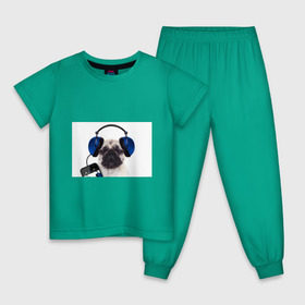 Детская пижама хлопок с принтом Мопс в наушниках в Санкт-Петербурге, 100% хлопок |  брюки и футболка прямого кроя, без карманов, на брюках мягкая резинка на поясе и по низу штанин
 | дворняжка | домашние животные | любимец | мопс | пес | песик | питомец | собака | собачка