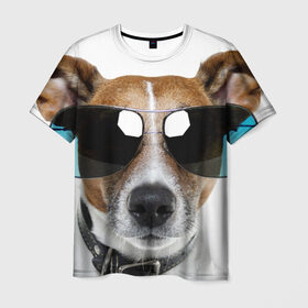Мужская футболка 3D с принтом Джек Рассел в очках в Санкт-Петербурге, 100% полиэфир | прямой крой, круглый вырез горловины, длина до линии бедер | волкодав | дворняжка | джек | джек рассел | домашние животные | любимец | мопс | овчарка | пес | песик | питомец | рассел | сенбернар | собака | собачка