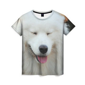Женская футболка 3D с принтом Самоед в Санкт-Петербурге, 100% полиэфир ( синтетическое хлопкоподобное полотно) | прямой крой, круглый вырез горловины, длина до линии бедер | далматин | лабрадор | любимец | овчарка | пес | питомец | самоед | собака | собачка | щенок