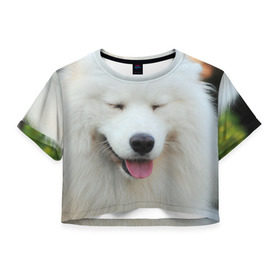 Женская футболка 3D укороченная с принтом Самоед в Санкт-Петербурге, 100% полиэстер | круглая горловина, длина футболки до линии талии, рукава с отворотами | далматин | лабрадор | любимец | овчарка | пес | питомец | самоед | собака | собачка | щенок