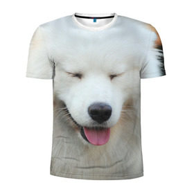 Мужская футболка 3D спортивная с принтом Самоед в Санкт-Петербурге, 100% полиэстер с улучшенными характеристиками | приталенный силуэт, круглая горловина, широкие плечи, сужается к линии бедра | Тематика изображения на принте: далматин | лабрадор | любимец | овчарка | пес | питомец | самоед | собака | собачка | щенок