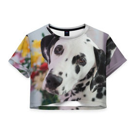 Женская футболка 3D укороченная с принтом Далматин в Санкт-Петербурге, 100% полиэстер | круглая горловина, длина футболки до линии талии, рукава с отворотами | акита | акита ину | далматин | далматинец | дворняга | ину | лабрадор | любимец | овчарка | пес | питомец | самоед | сиба | сиба ину | собака | собачка | щенок
