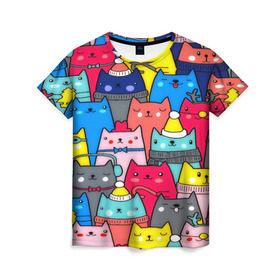 Женская футболка 3D с принтом Котики в Санкт-Петербурге, 100% полиэфир ( синтетическое хлопкоподобное полотно) | прямой крой, круглый вырез горловины, длина до линии бедер | кошки | паттерн | разноцветный | яркий
