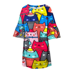 Детское платье 3D с принтом Котики в Санкт-Петербурге, 100% полиэстер | прямой силуэт, чуть расширенный к низу. Круглая горловина, на рукавах — воланы | кошки | паттерн | разноцветный | яркий