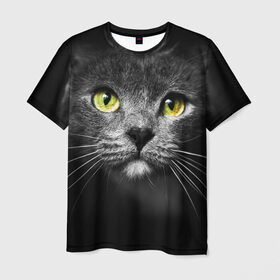 Мужская футболка 3D с принтом Кошачий взгляд в Санкт-Петербурге, 100% полиэфир | прямой крой, круглый вырез горловины, длина до линии бедер | взгляд | взор | глаза | киска | кот | котёнок | кошка | усы