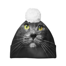 Шапка 3D c помпоном с принтом Кошачий взгляд в Санкт-Петербурге, 100% полиэстер | универсальный размер, печать по всей поверхности изделия | Тематика изображения на принте: взгляд | взор | глаза | киска | кот | котёнок | кошка | усы