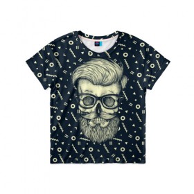 Детская футболка 3D с принтом Hipster is Dead в Санкт-Петербурге, 100% гипоаллергенный полиэфир | прямой крой, круглый вырез горловины, длина до линии бедер, чуть спущенное плечо, ткань немного тянется | bone | dark | dead | hipster | man | skelet | skull | мужчина | очки | парень | хипстер