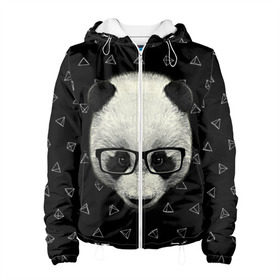 Женская куртка 3D с принтом Умная панда в Санкт-Петербурге, ткань верха — 100% полиэстер, подклад — флис | прямой крой, подол и капюшон оформлены резинкой с фиксаторами, два кармана без застежек по бокам, один большой потайной карман на груди. Карман на груди застегивается на липучку | animal | bear | beast | hipster | panda | smart | животное | зверь | медведь | очки | панда | свэг | умный | хипстер