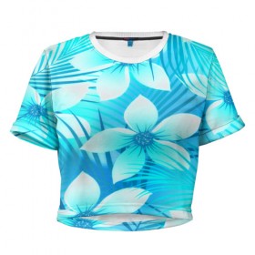 Женская футболка 3D укороченная с принтом Tropical Flower в Санкт-Петербурге, 100% полиэстер | круглая горловина, длина футболки до линии талии, рукава с отворотами | flower | паттерн | цветы | яркий