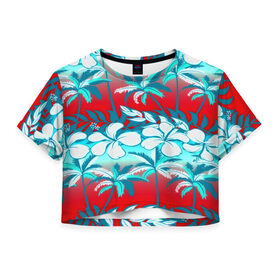 Женская футболка 3D укороченная с принтом Tropical Fashion в Санкт-Петербурге, 100% полиэстер | круглая горловина, длина футболки до линии талии, рукава с отворотами | flower | пальмы | паттерн | цветы