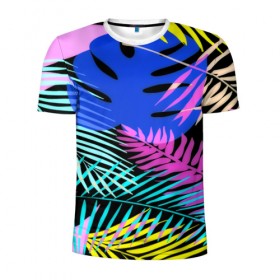 Мужская футболка 3D спортивная с принтом Тропические листья в Санкт-Петербурге, 100% полиэстер с улучшенными характеристиками | приталенный силуэт, круглая горловина, широкие плечи, сужается к линии бедра | паттерн | цветы | яркий