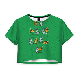 Женская футболка 3D укороченная с принтом Боевая морковь в Санкт-Петербурге, 100% полиэстер | круглая горловина, длина футболки до линии талии, рукава с отворотами | animal | beast | karate | nature | rabbit | vegan | битва | бой | веган | вегетарианец | животное | зайка | зайчик | заяц | зверь | карате | кролик | морковь | овощ | природа