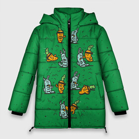 Женская зимняя куртка 3D с принтом Боевая морковь в Санкт-Петербурге, верх — 100% полиэстер; подкладка — 100% полиэстер; утеплитель — 100% полиэстер | длина ниже бедра, силуэт Оверсайз. Есть воротник-стойка, отстегивающийся капюшон и ветрозащитная планка. 

Боковые карманы с листочкой на кнопках и внутренний карман на молнии | animal | beast | karate | nature | rabbit | vegan | битва | бой | веган | вегетарианец | животное | зайка | зайчик | заяц | зверь | карате | кролик | морковь | овощ | природа