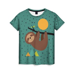 Женская футболка 3D с принтом Довольный ленивец в Санкт-Петербурге, 100% полиэфир ( синтетическое хлопкоподобное полотно) | прямой крой, круглый вырез горловины, длина до линии бедер | animal | art | bear | beast | nature | sun | арт | животное | зверь | лето | медведь | мишка | природа | солнце