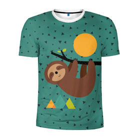 Мужская футболка 3D спортивная с принтом Довольный ленивец в Санкт-Петербурге, 100% полиэстер с улучшенными характеристиками | приталенный силуэт, круглая горловина, широкие плечи, сужается к линии бедра | animal | art | bear | beast | nature | sun | арт | животное | зверь | лето | медведь | мишка | природа | солнце