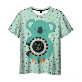 Мужская футболка 3D с принтом Мечтающая коала в Санкт-Петербурге, 100% полиэфир | прямой крой, круглый вырез горловины, длина до линии бедер | animal | dream | hunter | koala | животное | зверь | коала | ловец снов | мечта