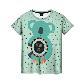 Женская футболка 3D с принтом Мечтающая коала в Санкт-Петербурге, 100% полиэфир ( синтетическое хлопкоподобное полотно) | прямой крой, круглый вырез горловины, длина до линии бедер | animal | dream | hunter | koala | животное | зверь | коала | ловец снов | мечта