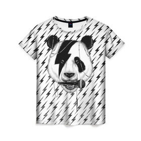 Женская футболка 3D с принтом Панда вокалист в Санкт-Петербурге, 100% полиэфир ( синтетическое хлопкоподобное полотно) | прямой крой, круглый вырез горловины, длина до линии бедер | animal | bear | beast | metal | music | nature | panda | rock | sound | vocal | вокал | животное | зверь | звук | медведь | меломан | метал | мишка | музыка | панда | природа | рок