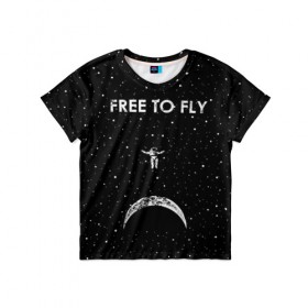 Детская футболка 3D с принтом Free to Fly в Санкт-Петербурге, 100% гипоаллергенный полиэфир | прямой крой, круглый вырез горловины, длина до линии бедер, чуть спущенное плечо, ткань немного тянется | astronaut | cosmic | cosmonaut | cosmos | fly | galaxy | planet | space | star | universe | астронавт | вселенная | галактика | звезды | космонавт | космос | планета | полет