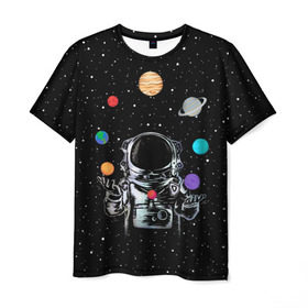 Мужская футболка 3D с принтом Космический жонглер в Санкт-Петербурге, 100% полиэфир | прямой крой, круглый вырез горловины, длина до линии бедер | astronaut | cosmonaut | cosmos | galaxy | planet | space | star | universe | астронавт | вселенная | галактика | звезды | земля | космонавт | космос | луна | марс | планета | сатурн | уран