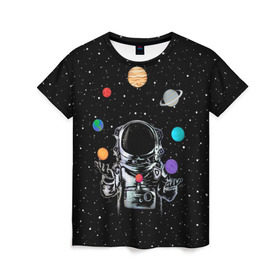 Женская футболка 3D с принтом Космический жонглер в Санкт-Петербурге, 100% полиэфир ( синтетическое хлопкоподобное полотно) | прямой крой, круглый вырез горловины, длина до линии бедер | astronaut | cosmonaut | cosmos | galaxy | planet | space | star | universe | астронавт | вселенная | галактика | звезды | земля | космонавт | космос | луна | марс | планета | сатурн | уран