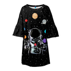 Детское платье 3D с принтом Космический жонглер в Санкт-Петербурге, 100% полиэстер | прямой силуэт, чуть расширенный к низу. Круглая горловина, на рукавах — воланы | astronaut | cosmonaut | cosmos | galaxy | planet | space | star | universe | астронавт | вселенная | галактика | звезды | земля | космонавт | космос | луна | марс | планета | сатурн | уран