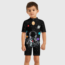 Детский купальный костюм 3D с принтом Космический жонглер в Санкт-Петербурге, Полиэстер 85%, Спандекс 15% | застежка на молнии на спине | astronaut | cosmonaut | cosmos | galaxy | planet | space | star | universe | астронавт | вселенная | галактика | звезды | земля | космонавт | космос | луна | марс | планета | сатурн | уран