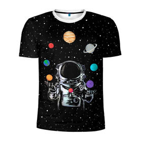 Мужская футболка 3D спортивная с принтом Космический жонглер в Санкт-Петербурге, 100% полиэстер с улучшенными характеристиками | приталенный силуэт, круглая горловина, широкие плечи, сужается к линии бедра | Тематика изображения на принте: astronaut | cosmonaut | cosmos | galaxy | planet | space | star | universe | астронавт | вселенная | галактика | звезды | земля | космонавт | космос | луна | марс | планета | сатурн | уран