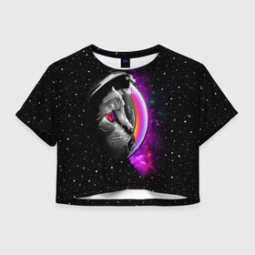 Женская футболка 3D укороченная с принтом Космический кот в Санкт-Петербурге, 100% полиэстер | круглая горловина, длина футболки до линии талии, рукава с отворотами | astronaut | cat | cosmonaut | cosmos | galaxy | kitty | space | universe | астронавт | вселенная | галактика | звезды | космонавт | космос | кот | котик | кошка