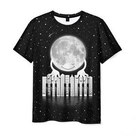 Мужская футболка 3D с принтом Лунная мелодия в Санкт-Петербурге, 100% полиэфир | прямой крой, круглый вырез горловины, длина до линии бедер | astronaut | cosmonaut | cosmos | galaxy | meteor | moon | planet | space | universe | астронавт | вселенная | галактика | звезды | космонавт | космос | луна | мелодия | музыка | ноты