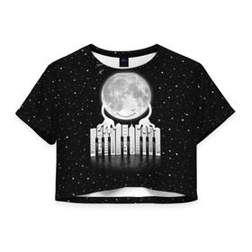 Женская футболка 3D укороченная с принтом Лунная мелодия в Санкт-Петербурге, 100% полиэстер | круглая горловина, длина футболки до линии талии, рукава с отворотами | astronaut | cosmonaut | cosmos | galaxy | meteor | moon | planet | space | universe | астронавт | вселенная | галактика | звезды | космонавт | космос | луна | мелодия | музыка | ноты