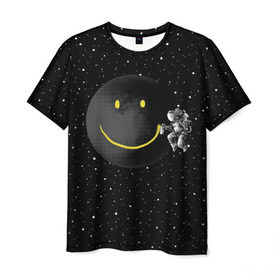 Мужская футболка 3D с принтом Лунная улыбка в Санкт-Петербурге, 100% полиэфир | прямой крой, круглый вырез горловины, длина до линии бедер | astronaut | cosmonaut | cosmos | galaxy | meteor | moon | planet | smile | space | universe | астронавт | вселенная | галактика | звезды | космонавт | космос | луна | смайл | улыбка