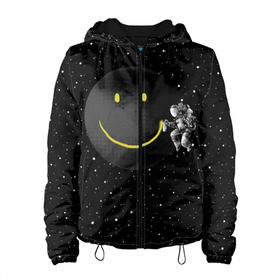 Женская куртка 3D с принтом Лунная улыбка в Санкт-Петербурге, ткань верха — 100% полиэстер, подклад — флис | прямой крой, подол и капюшон оформлены резинкой с фиксаторами, два кармана без застежек по бокам, один большой потайной карман на груди. Карман на груди застегивается на липучку | astronaut | cosmonaut | cosmos | galaxy | meteor | moon | planet | smile | space | universe | астронавт | вселенная | галактика | звезды | космонавт | космос | луна | смайл | улыбка