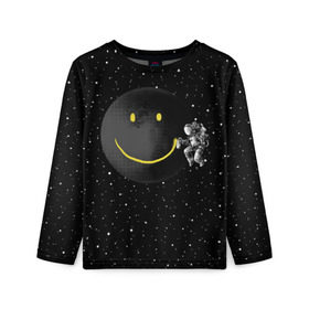 Детский лонгслив 3D с принтом Лунная улыбка в Санкт-Петербурге, 100% полиэстер | длинные рукава, круглый вырез горловины, полуприлегающий силуэт
 | astronaut | cosmonaut | cosmos | galaxy | meteor | moon | planet | smile | space | universe | астронавт | вселенная | галактика | звезды | космонавт | космос | луна | смайл | улыбка