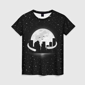 Женская футболка 3D с принтом Лунные объятия в Санкт-Петербурге, 100% полиэфир ( синтетическое хлопкоподобное полотно) | прямой крой, круглый вырез горловины, длина до линии бедер | astronaut | city | cosmonaut | cosmos | galaxy | moon | planet | smile | space | universe | астронавт | вселенная | галактика | город | звезды | космонавт | космос | луна | смайл | улыбка