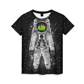 Женская футболка 3D с принтом Музыкальный космонавт в Санкт-Петербурге, 100% полиэфир ( синтетическое хлопкоподобное полотно) | прямой крой, круглый вырез горловины, длина до линии бедер | astronaut | cosmonaut | dj | eqializer | galaxy | moon | music | planet | space | star | universe | астронавт | вселенная | галактика | диджей | космонавт | космос | музыка | эквалайзер