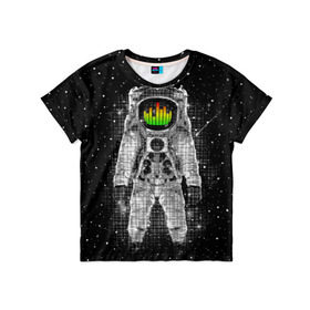 Детская футболка 3D с принтом Музыкальный космонавт в Санкт-Петербурге, 100% гипоаллергенный полиэфир | прямой крой, круглый вырез горловины, длина до линии бедер, чуть спущенное плечо, ткань немного тянется | Тематика изображения на принте: astronaut | cosmonaut | dj | eqializer | galaxy | moon | music | planet | space | star | universe | астронавт | вселенная | галактика | диджей | космонавт | космос | музыка | эквалайзер