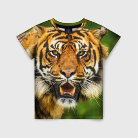 Детская футболка 3D с принтом Тигр в Санкт-Петербурге, 100% гипоаллергенный полиэфир | прямой крой, круглый вырез горловины, длина до линии бедер, чуть спущенное плечо, ткань немного тянется | дикая кошка | животное | клыки | лев | тигр. tiger | хищник