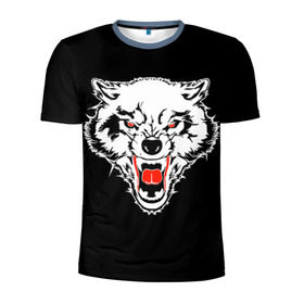 Мужская футболка 3D спортивная с принтом Волк в Санкт-Петербурге, 100% полиэстер с улучшенными характеристиками | приталенный силуэт, круглая горловина, широкие плечи, сужается к линии бедра | animal | background | black | eyes | fangs | head | predator | red | teeth | white | wolf | белый | волк | глаза | голова | животное | зверь | клыки | красные | оскал | фон | хищник | черный