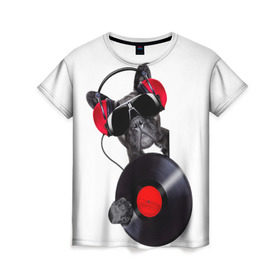 Женская футболка 3D с принтом DJ бульдог в Санкт-Петербурге, 100% полиэфир ( синтетическое хлопкоподобное полотно) | прямой крой, круглый вырез горловины, длина до линии бедер | бульдог | винил | диджей | музыка | наушники | очки | пёс | пластинка | собака | юмор